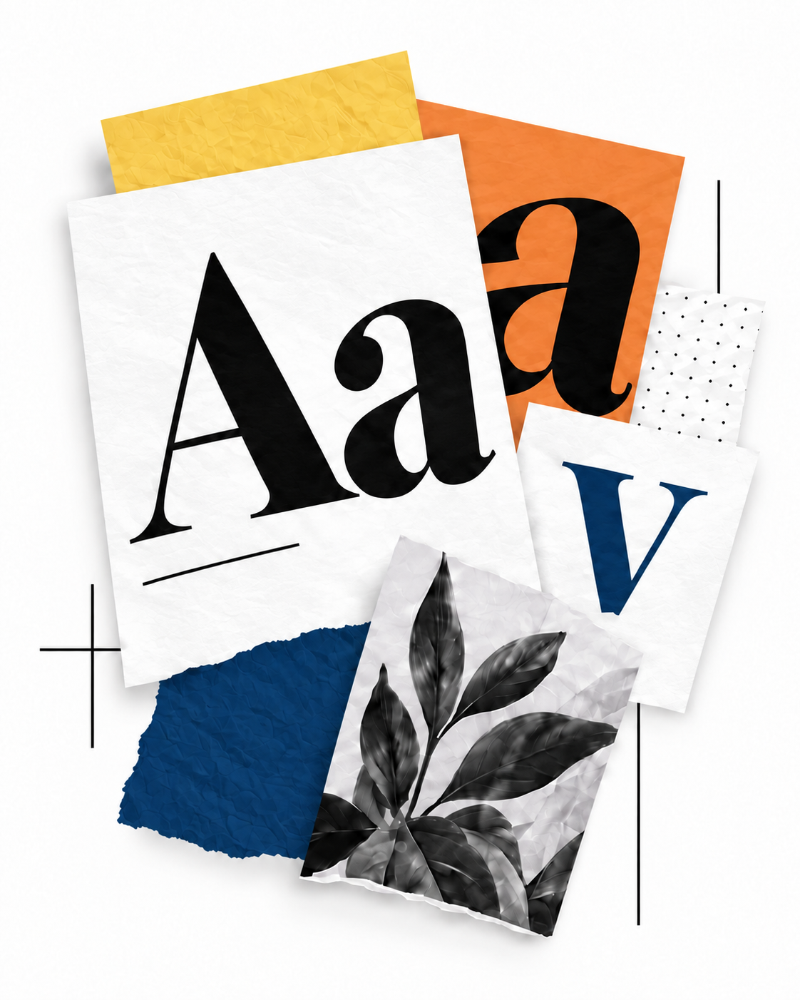 Collage typographique Aa et V, papiers orange, jaune et bleu marine, et photographie de feuillage en noir et blanc